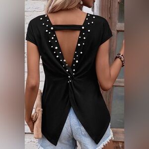 Black Pearls Embellished Twist Back Tee